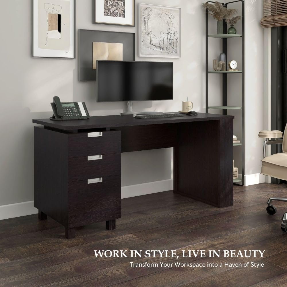 3-Drawer Office Desk with File Cabinet & Magazine Racks, Espresso