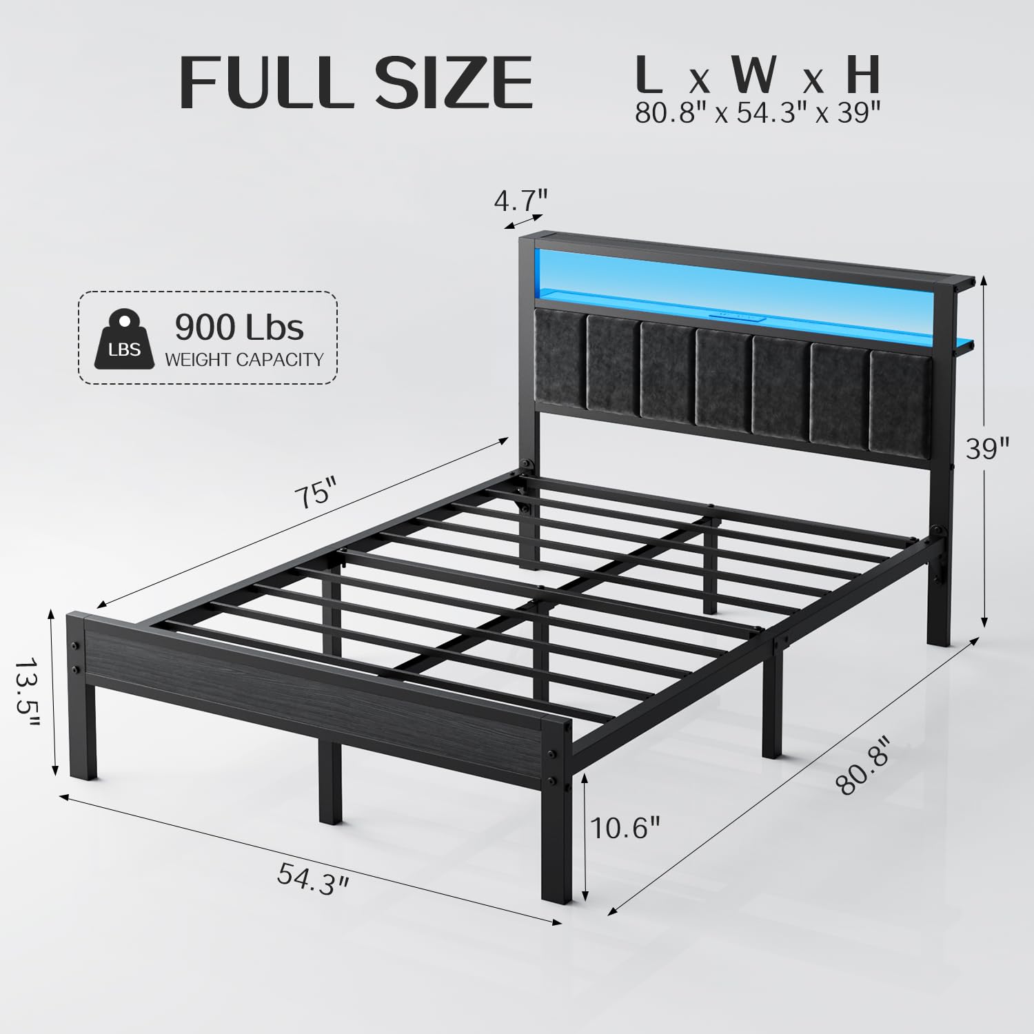 OLEVS Full Size Bed Frame with LED Lights & Charging Station, Modern Platform Bed with Upholstered Storage Headboard, No Box Spring Needed Easy Assembly