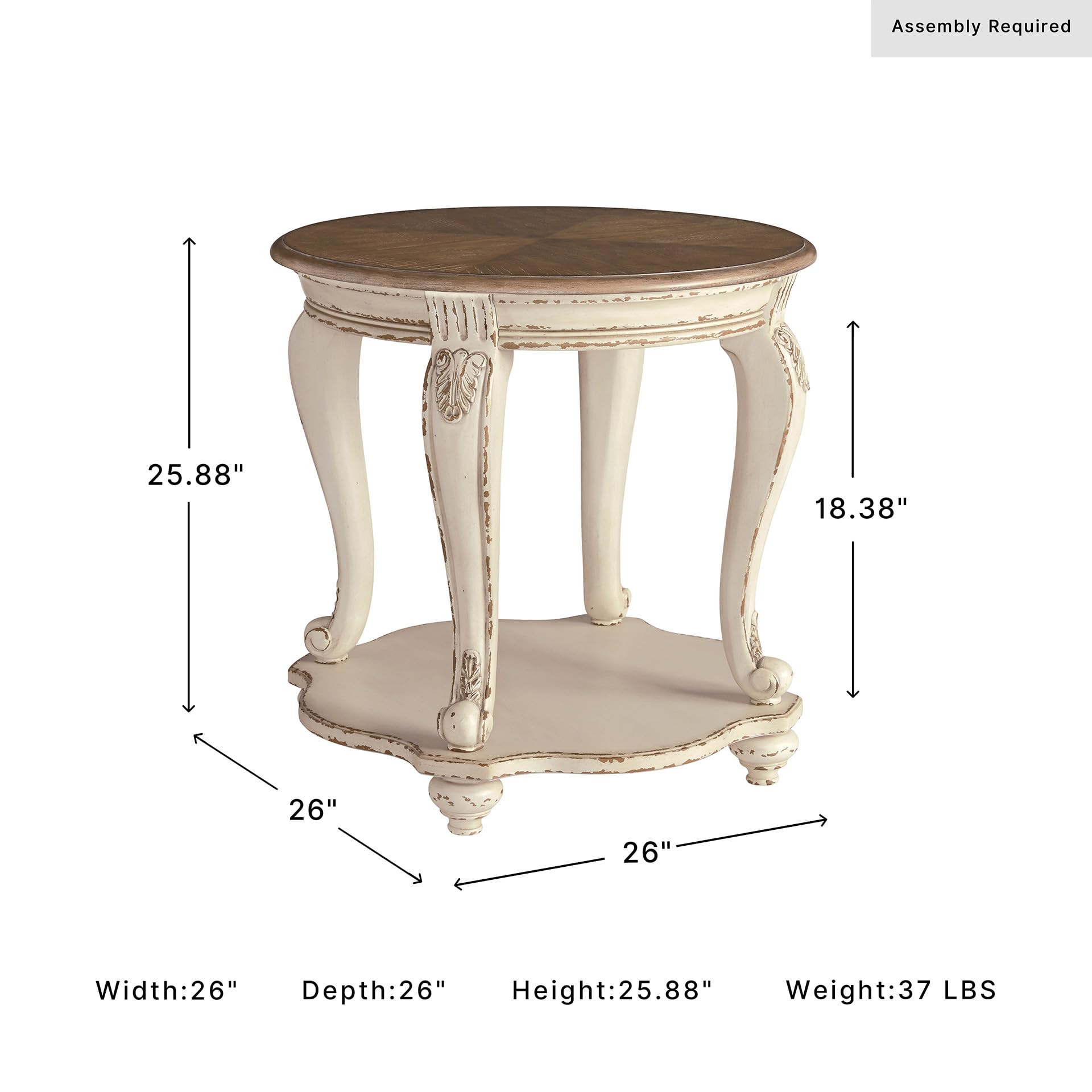 Signature Design by Ashley Realyn Round End Table, Cottage-Style Side Table with Antiqued Two-Tone Finish, Wood & Veneer Construction for Living Room or Bedroom, White/Brown