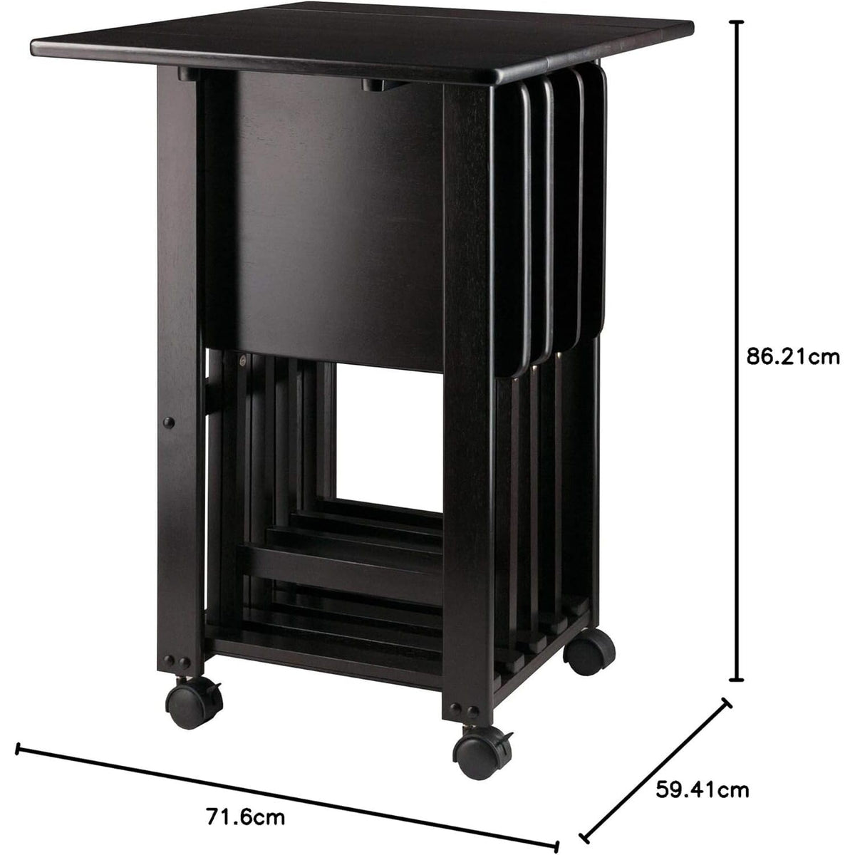 HomeStock 5-Piece Snack Table Set with Double Drop-Leaf Storage Table, 4 Folding Snack Tables, Grooved Slots, Solid Wood Design, and Rolling Casters Coffee