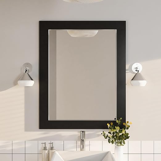 Gray Wood-Framed Bathroom Mirror