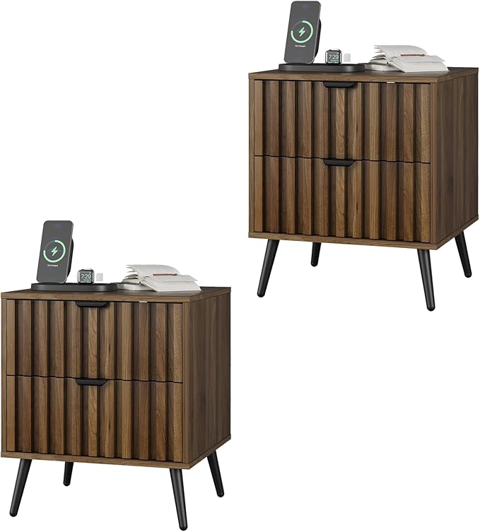 Walnut Nightstand with Embossed Checkerboard Drawers