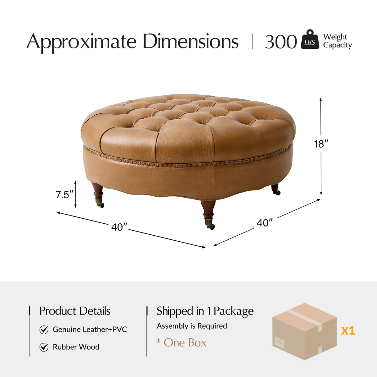 HULALA HOME 40" Genuine Leather Coffee Table with Rolling Wheels, Camel