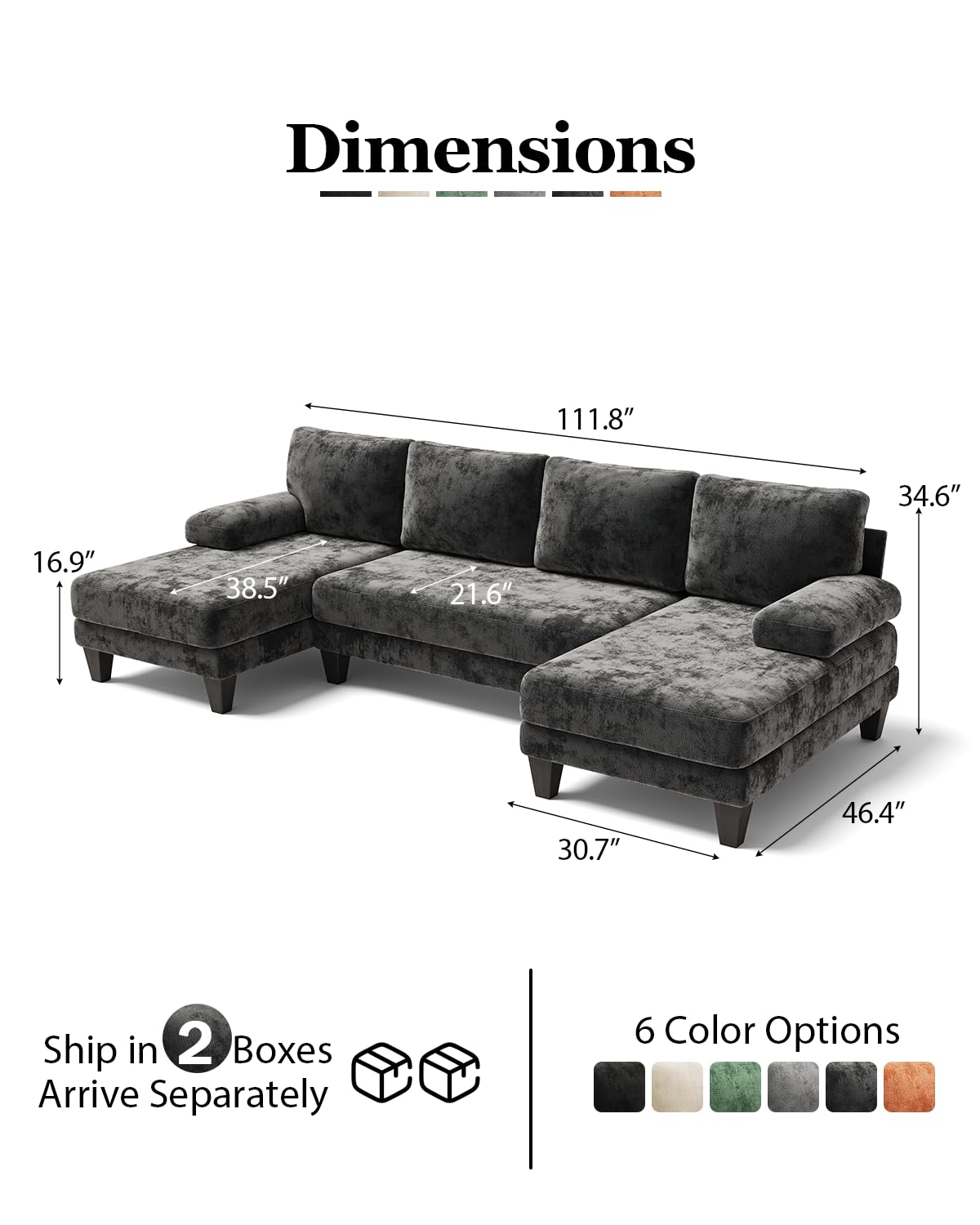 TROMIRY Sectional Couches for Living Room | 112 Inch U-Shaped Sectional Couch | 4 Seat Sofa Set with Double Chaise for Apartment | Dark Grey Chenille
