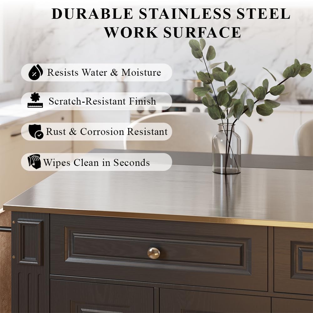 NORDEVERRA 60" Kitchen Island with Drop Leaf & Stainless Steel Countertop