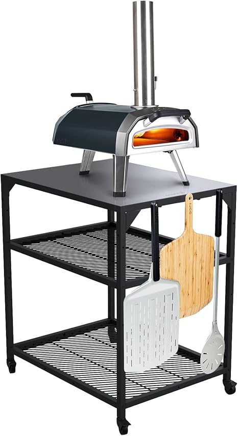 Outdoor Pizza Oven Table with Adjustable Shelves & Castors
