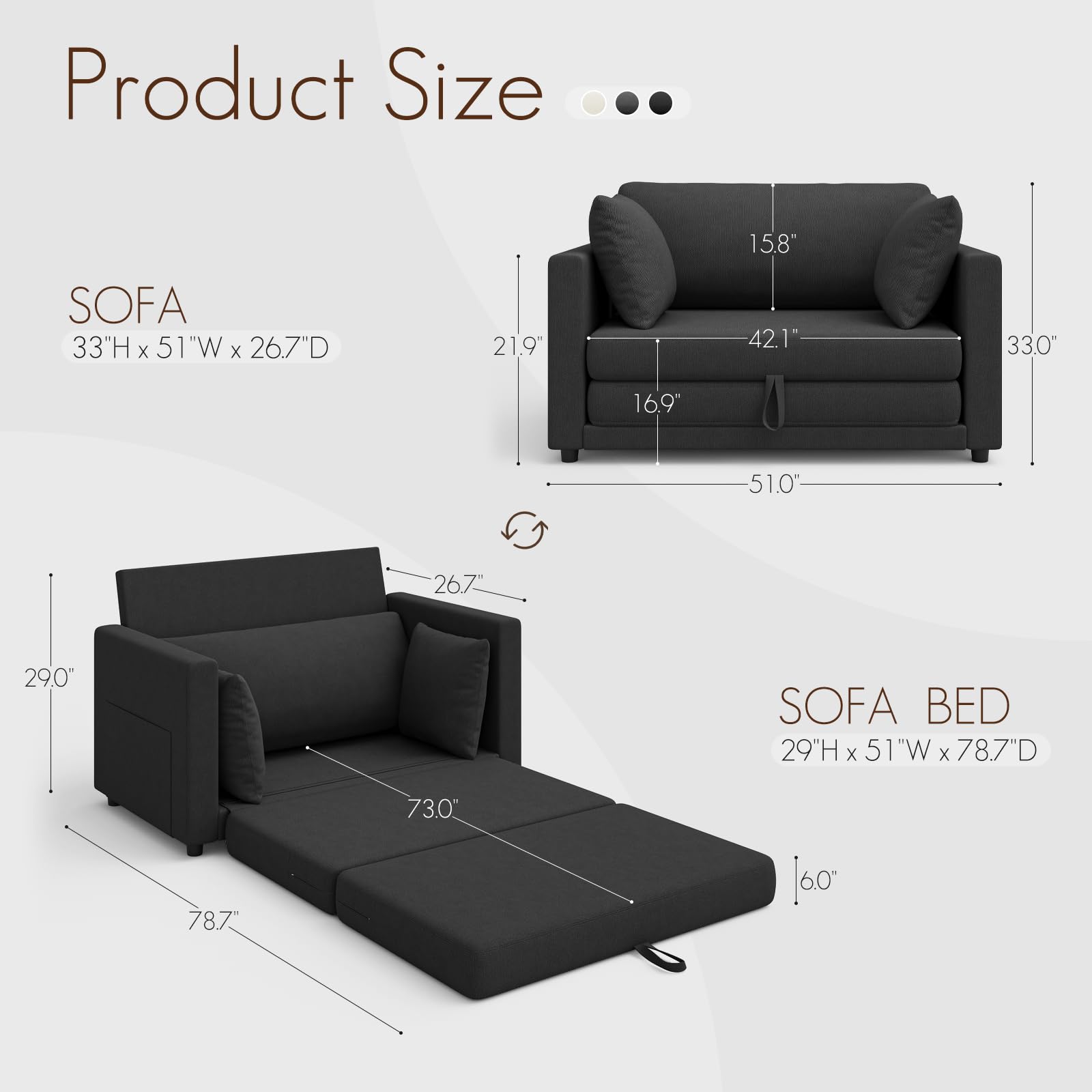 TROMIRY Convertible Loveseat Sofa Bed | Pull Out 78.7” Floor Couch Bed | Folding Sleeper Sofa Bed for Living Room, Apartment & Guest Room | Black