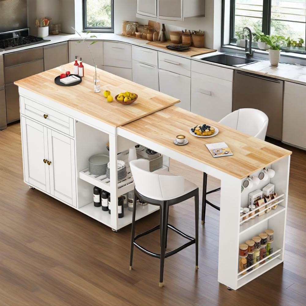 CayugaCrekrd 81.5" Kitchen Island with Extendable Dining Table, Rolling Kitchen Cart on Wheels with Spice Rack, Drawer and Door Cabinet for Dining Room, White