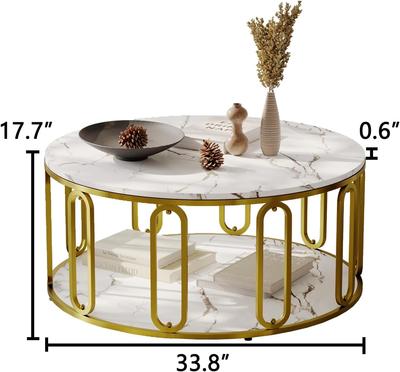 Easyzon Round Coffee Table, Wooden Marble Pattern Coffee Table with Round Open Storage, Solid Golden Metal Legs for Living Room, White