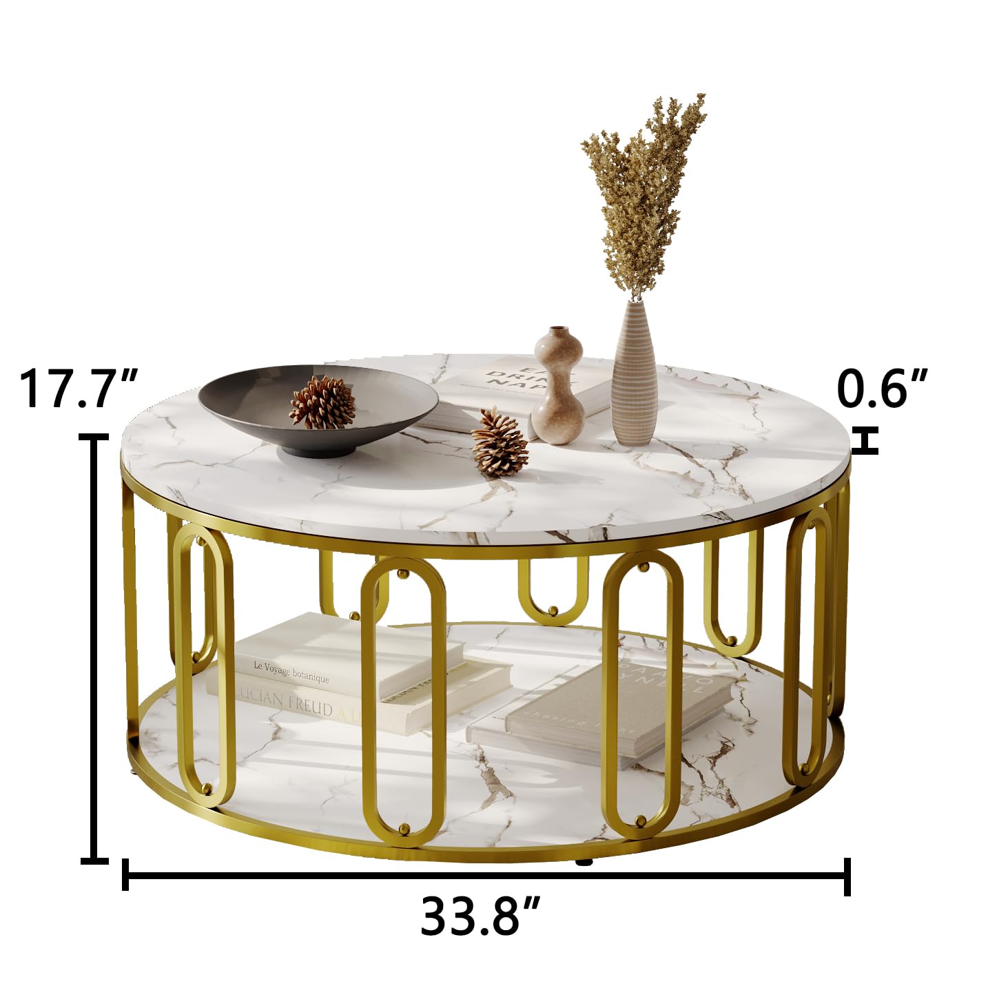 Easyzon Round Coffee Table, Wooden Marble Pattern Coffee Table with Round Open Storage, Solid Golden Metal Legs for Living Room, White