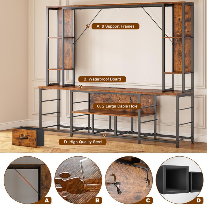 EnHomee 78.6" TV Stand for Living Room, Large Entertainment Center with 11 Fabric Drawers, 2 LED Lights & Power Outlets, Modern Dresser with Storage Shelves, Wall Unit for Bedroom, Brown