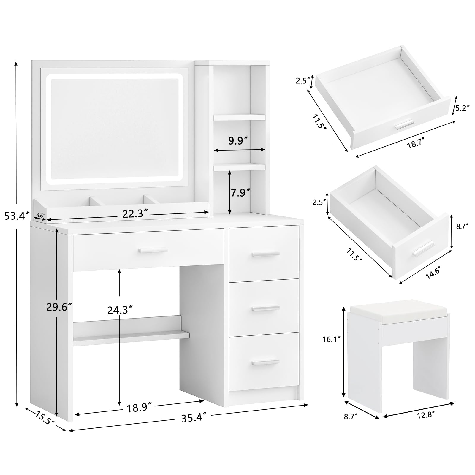 OTOQS Vanity Desk with Mirror and Lights, 4 Drawers & Benches Vanity Desk Set, 3 Color Lighting Modes Adjustable Brightness Vanity for Bedroom Makeup Table