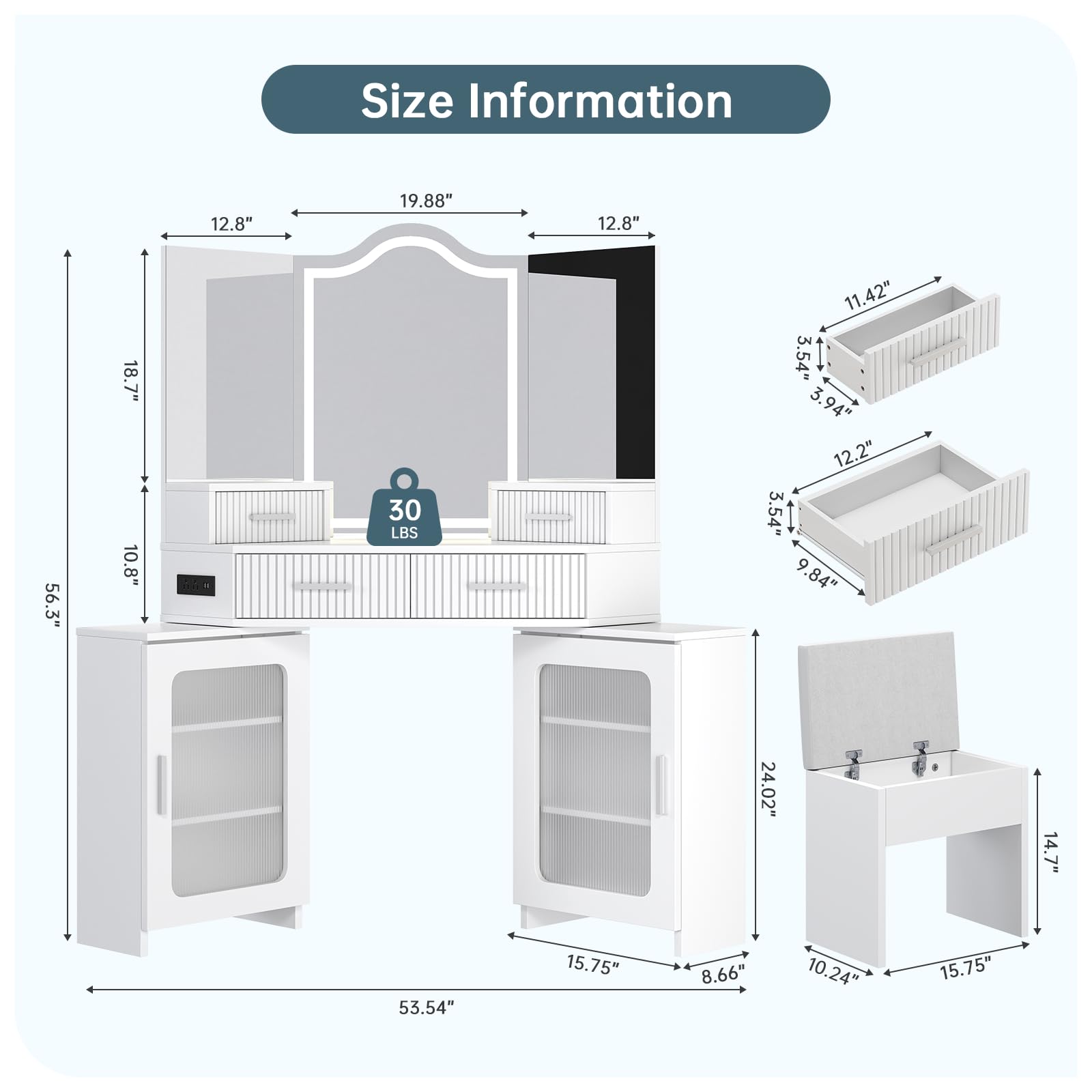 Corner Vanity with Mirror and Lights, Corner Makeup Vanity with 4 Drawers & 2 Cabinets, Vanity Set with Tri-Way Mirrors and Cushioned Stool, Big Vanities with Power Outlet Perfect for Bedroom, White