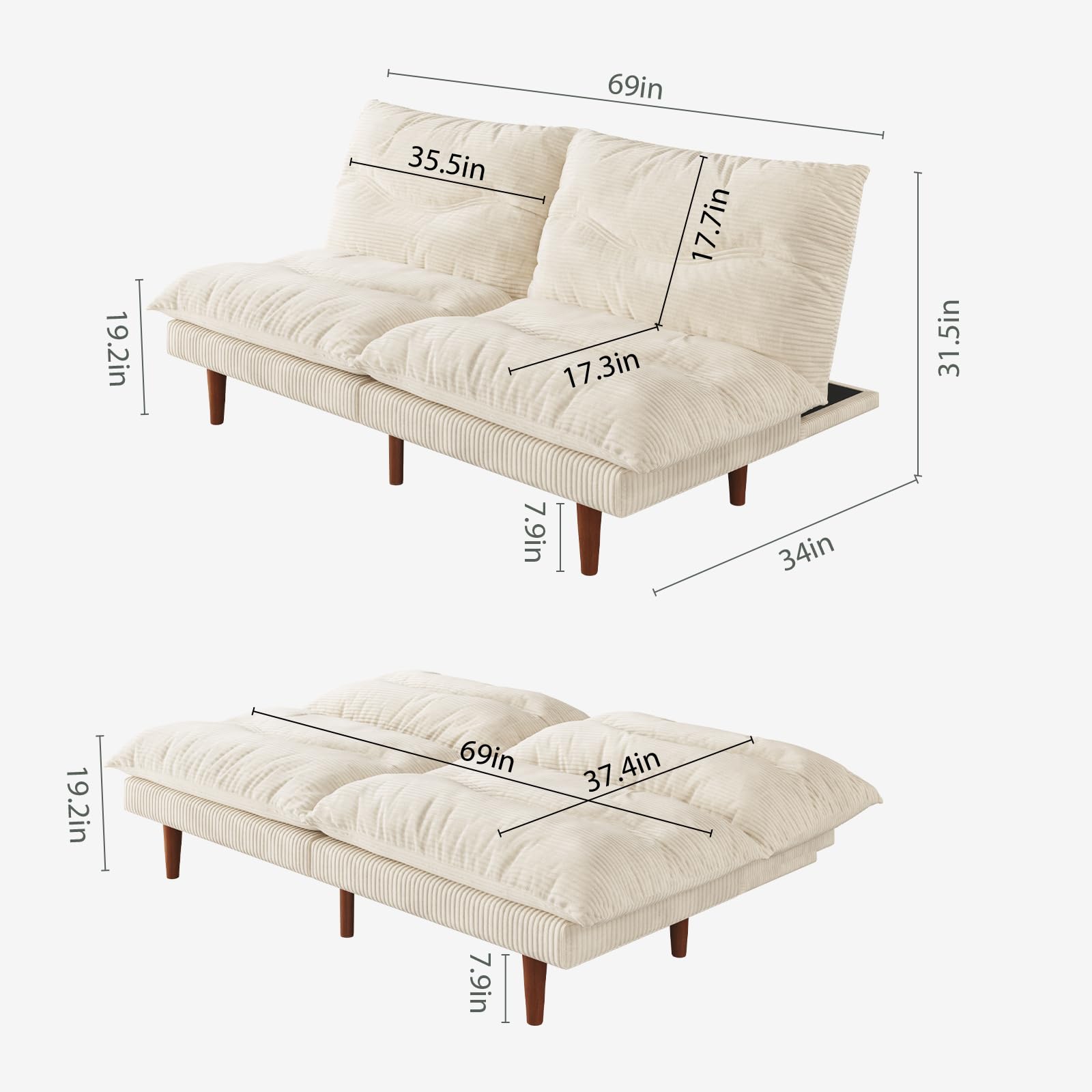Corduroy Convertible Futon Sofa Bed with Adjustable Backrest