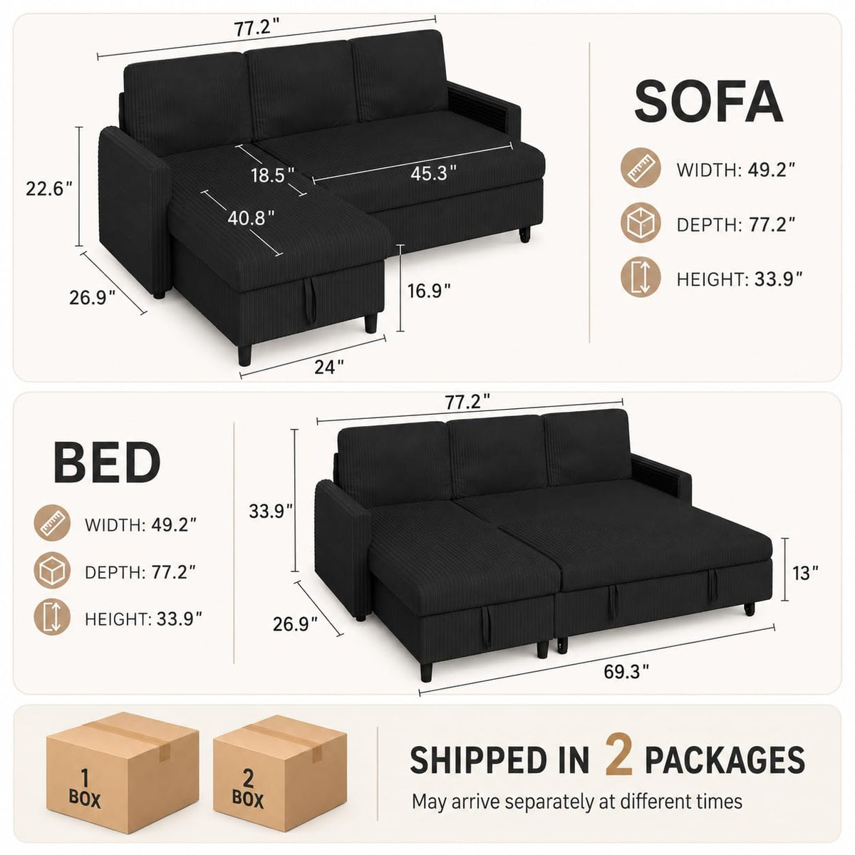Corduroy Sectional Sleeper Sofa