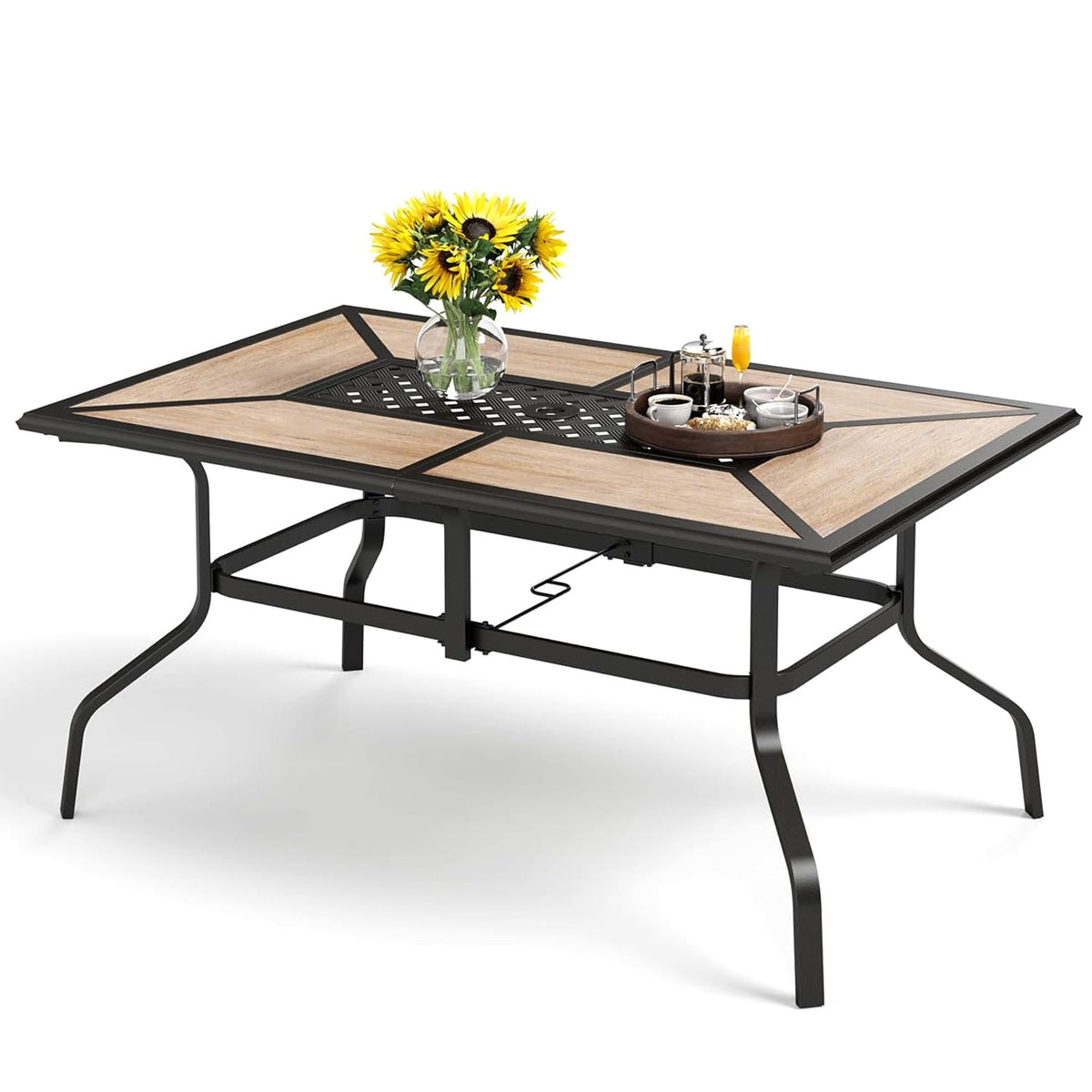 PHI VILLA Outdoor Dining Table for 6, Long Metal Table w/Umbrella Hole