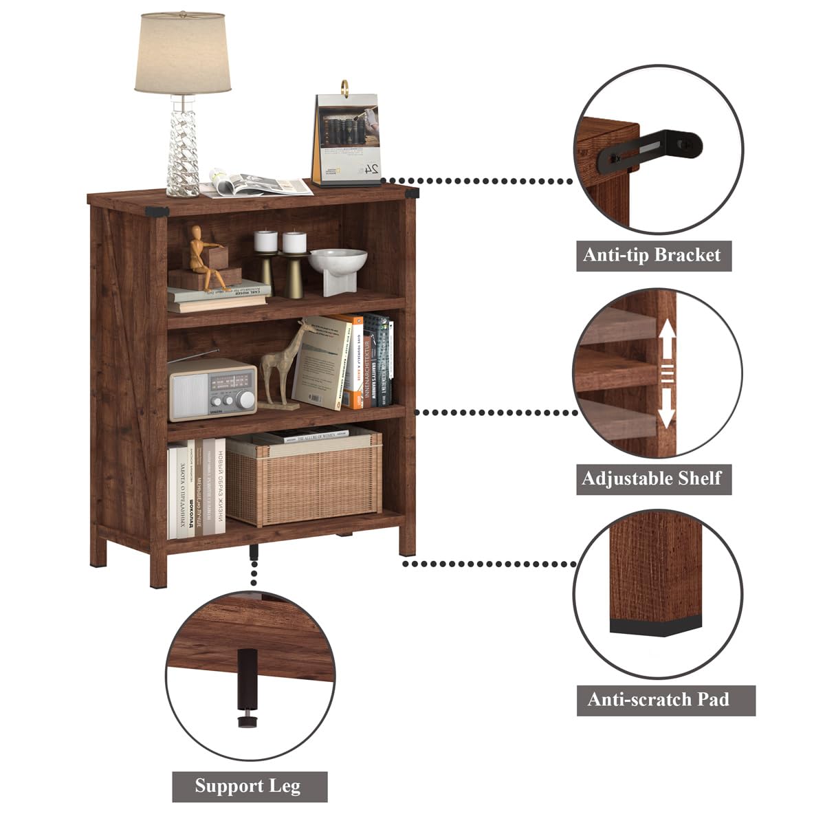 BON AUGURE Rustic Short Bookshelf, 3 Shelf Bookcase, Small Wood Low Book Cases/Shelves, Farmhouse Storage Tier Book Shelves for Home Office, Living Room, Small Space (Rustic Oak)