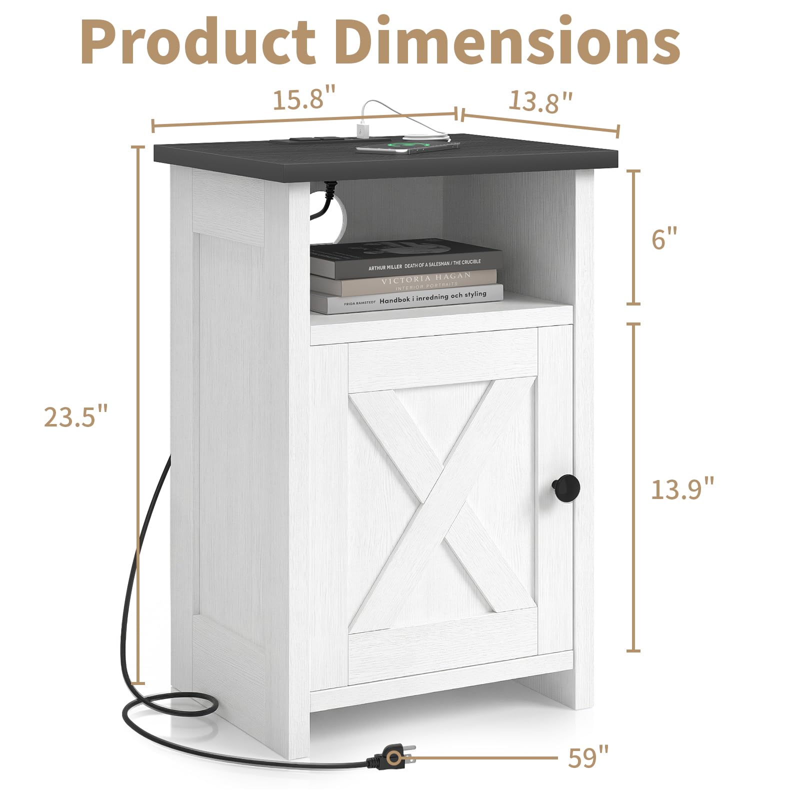 AURINEST Farmhouse End Table Set of 2 w/Charging Station, Nightstands w/Barn Door&Storage Shelf, Rustic Bedside Table for Living Room, Bedroom, Entryway, Office, Small Spaces, White