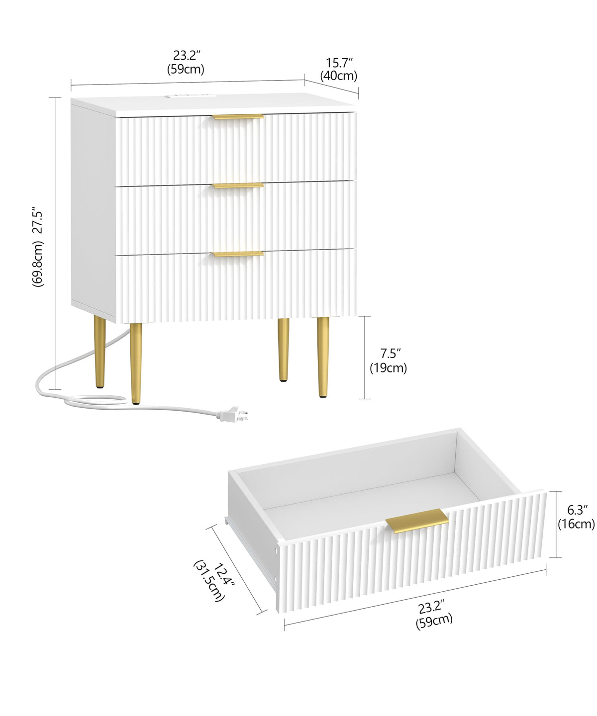 White Fluted Nightstand with Charging Station