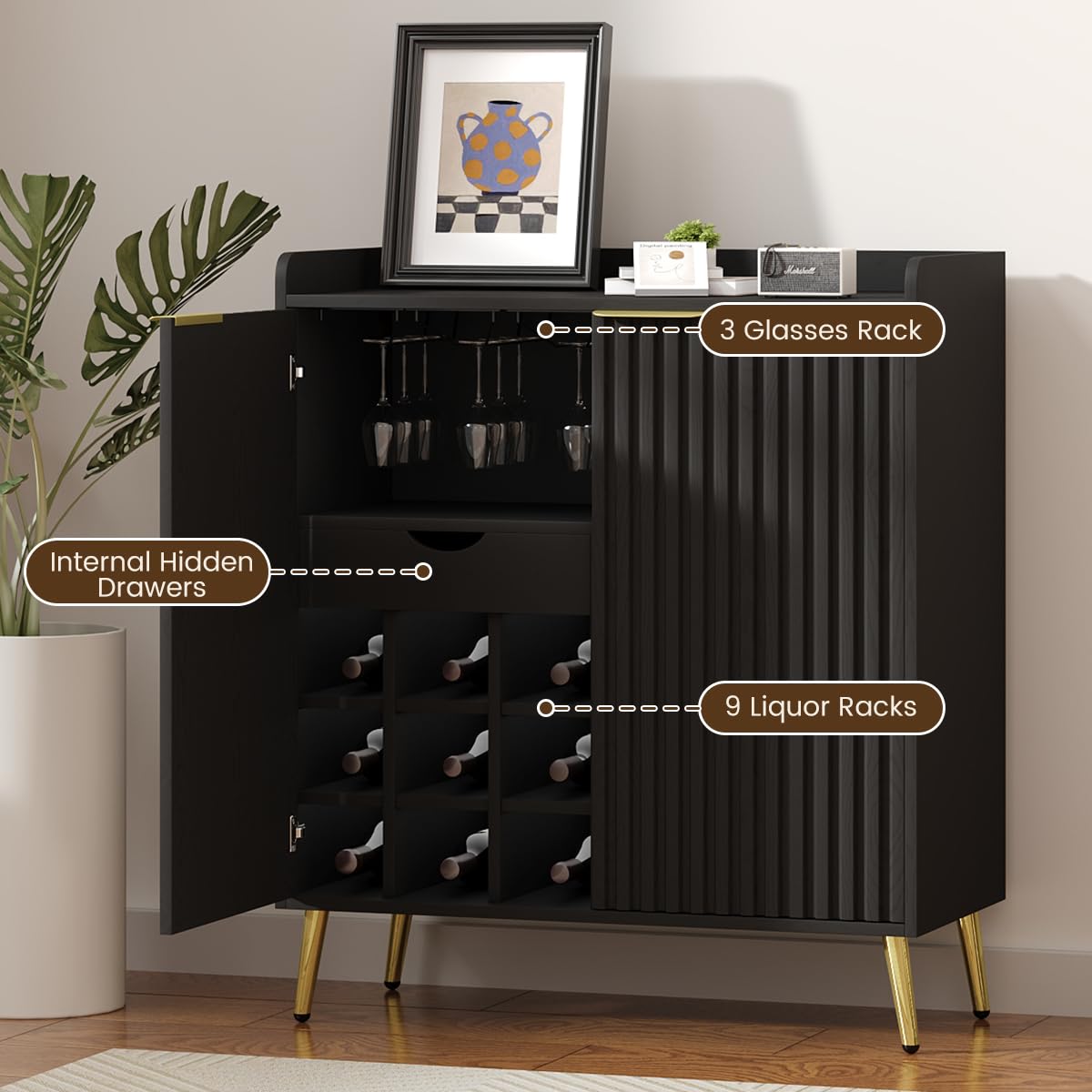Black Fluted Wine Bar Cabinet