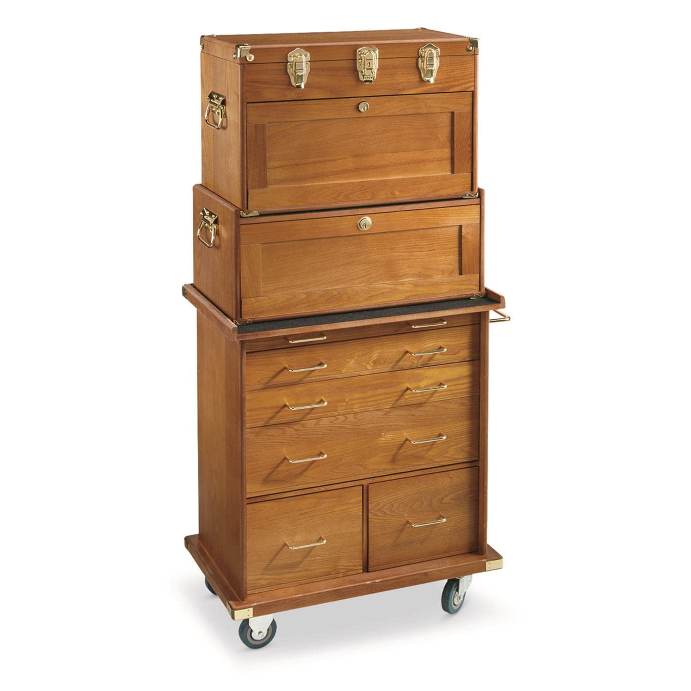 CASTLECREEK 4-Drawer Collector's Chest, Wooden Desk Storage Box Organizer Lockable Compartments Oak