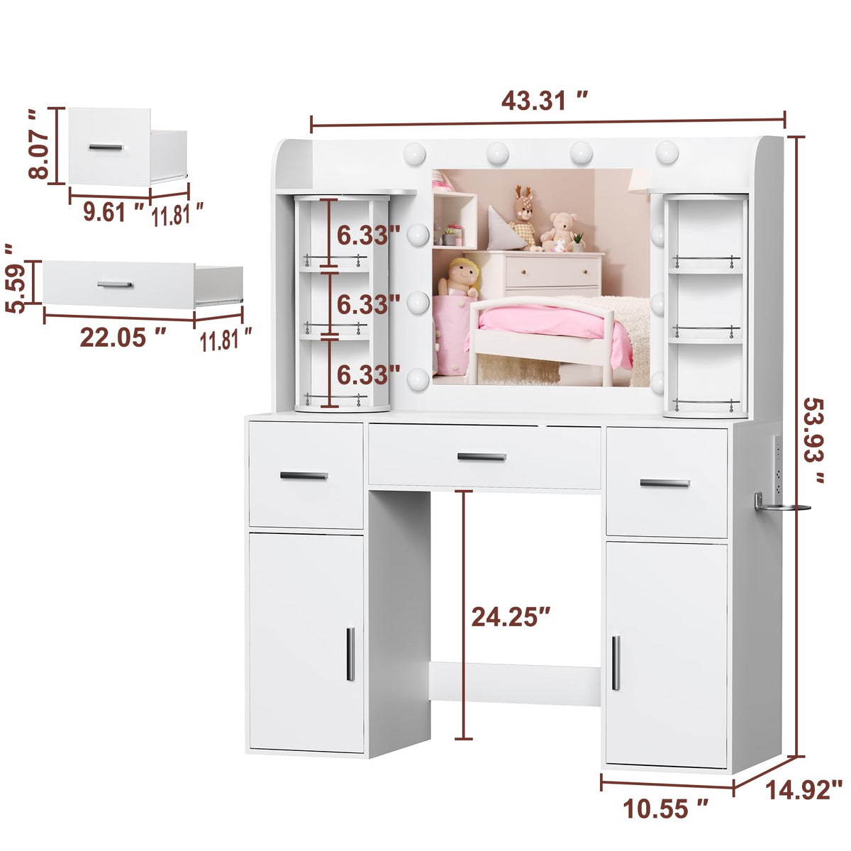 EasyCom Makeup Vanity Desk with Lights, Mirror and Jewelry Storage, White