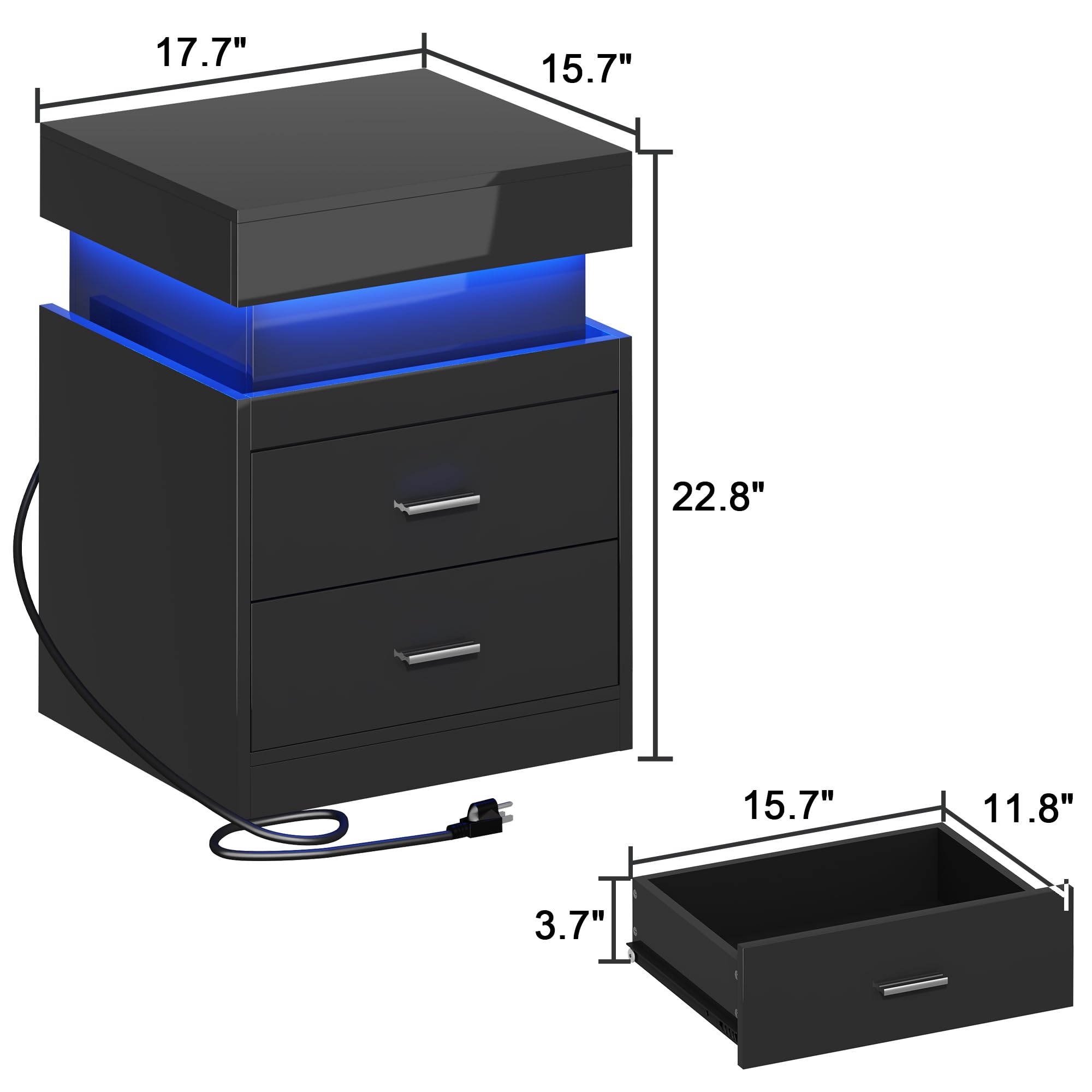 LED Nightstand with Charging Station & 2 Drawers
