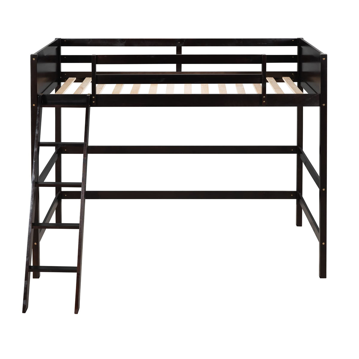SOFTSEA Twin Size Loft Bed for Teens Adults, Solid Wood High Loft Bed Frame with Safety Rails & Ladder, Espresso