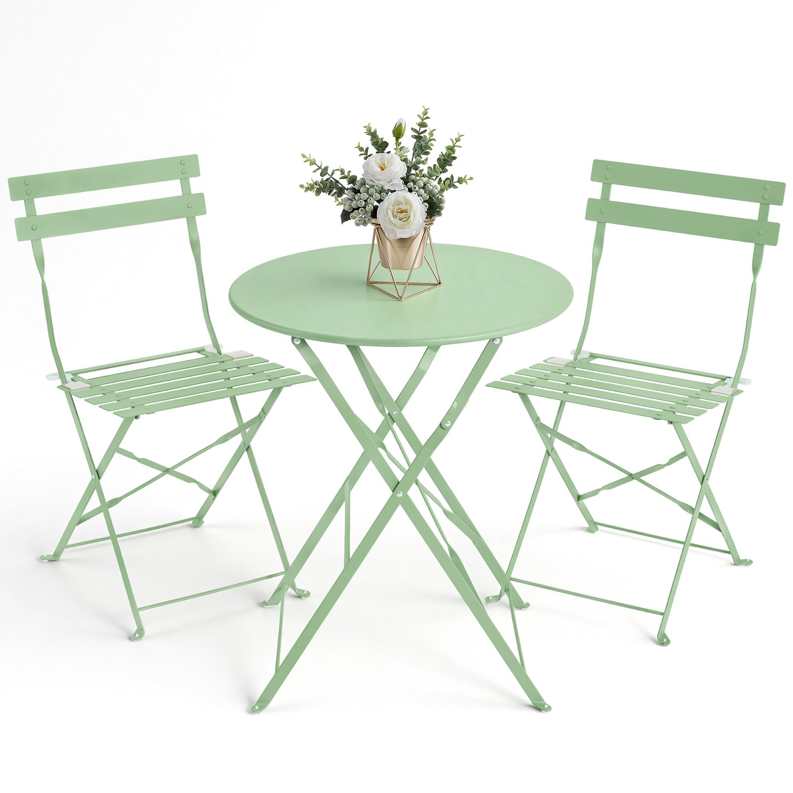 Bistro Table and Chairs set of 2, 3 Piece Folding Outdoor Patio Bistro Set with Comfortable Cushions, Weather-Resistant Stable Small Patio Furniture Set for Backyard Balcony Porch Coffee Shop, Green