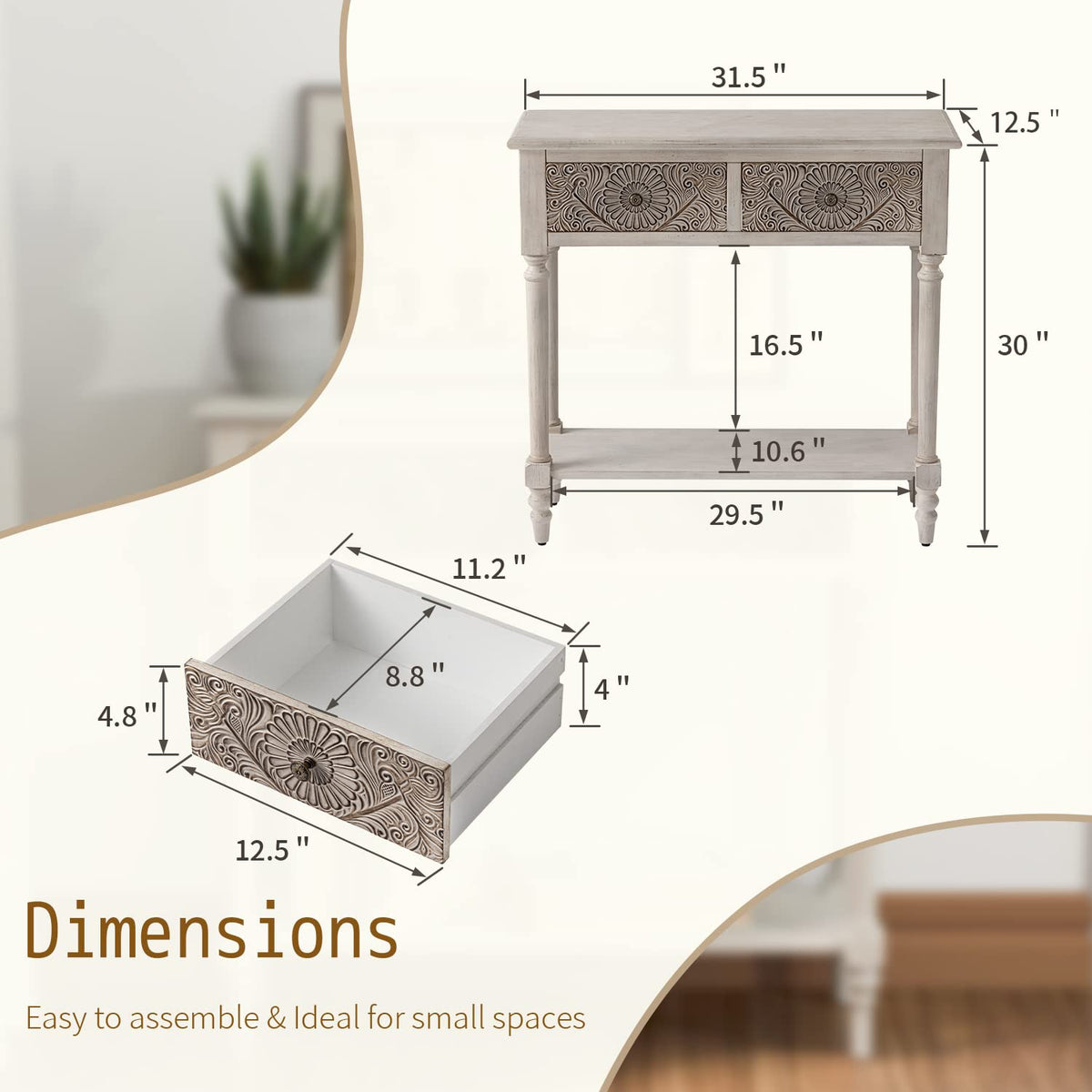 SUNBURY 31.5" Vintage Entryway Console Table, 2 Drawers, Beige