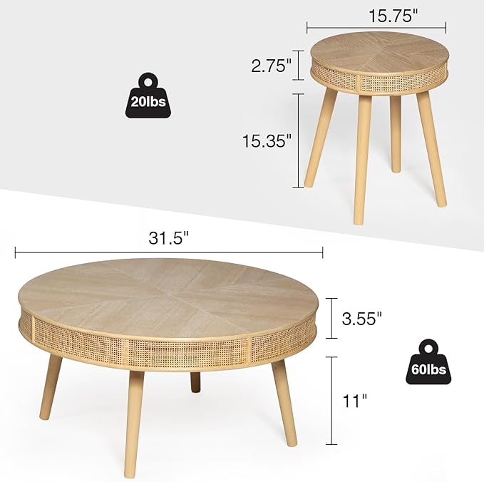 Round Farmhouse Coffee Table Set with Rattan, 2-Pack