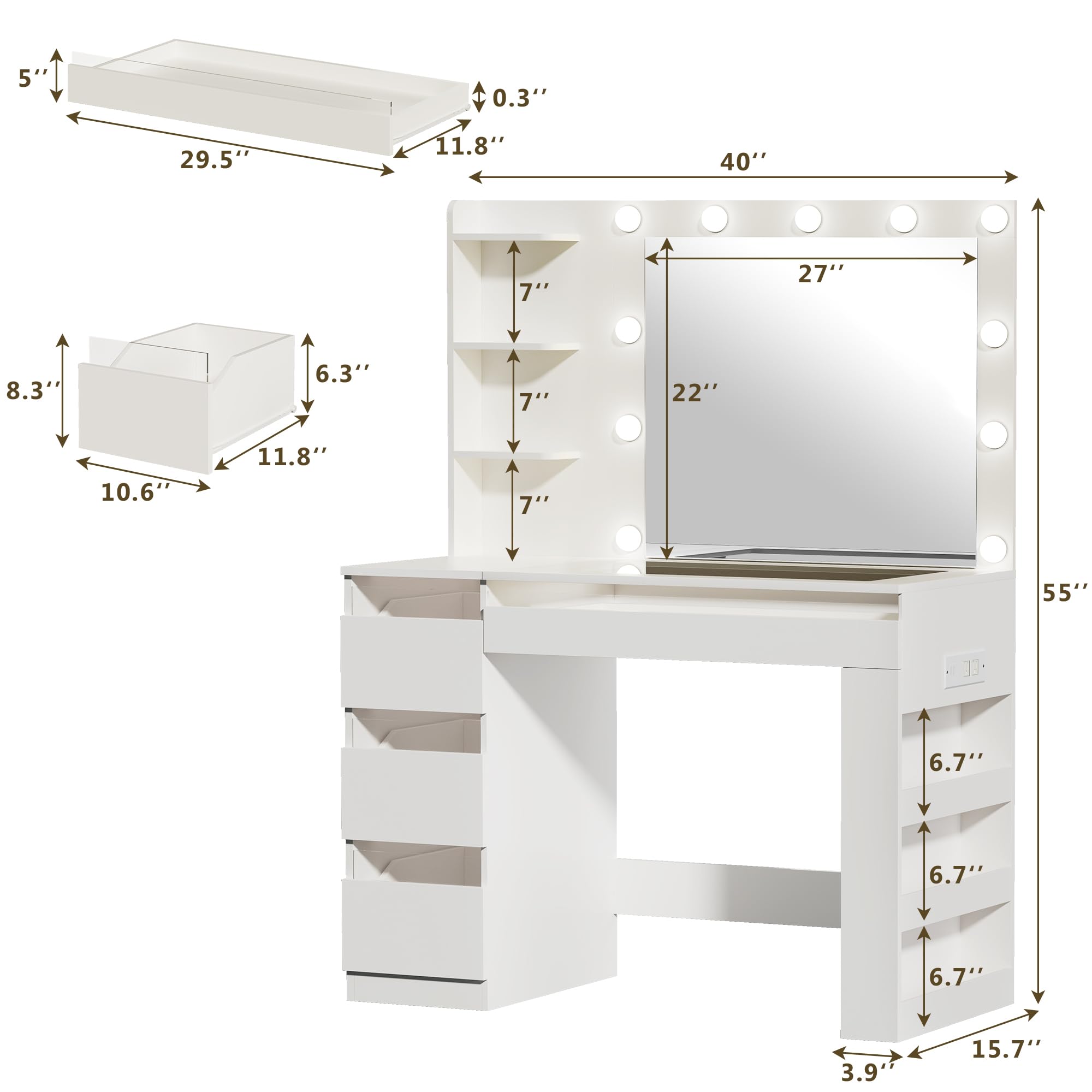 HUAHUU Vanity Desk with Lighted Mirror & Transparent Top, Makeup Vanity Desk with 4 Transparent Drawers and RGB Lighting, Built-in Power Outlet, 3-Tier Side Shelves & Storage Organizer for Bedroom