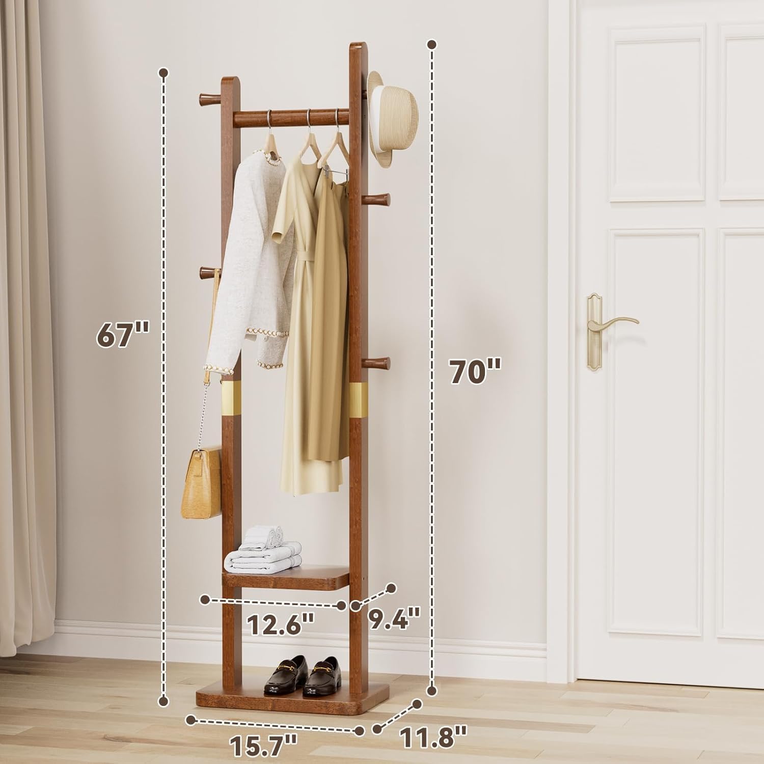 Solid Wood Coat Rack with 2 Shelves & 5 Hooks