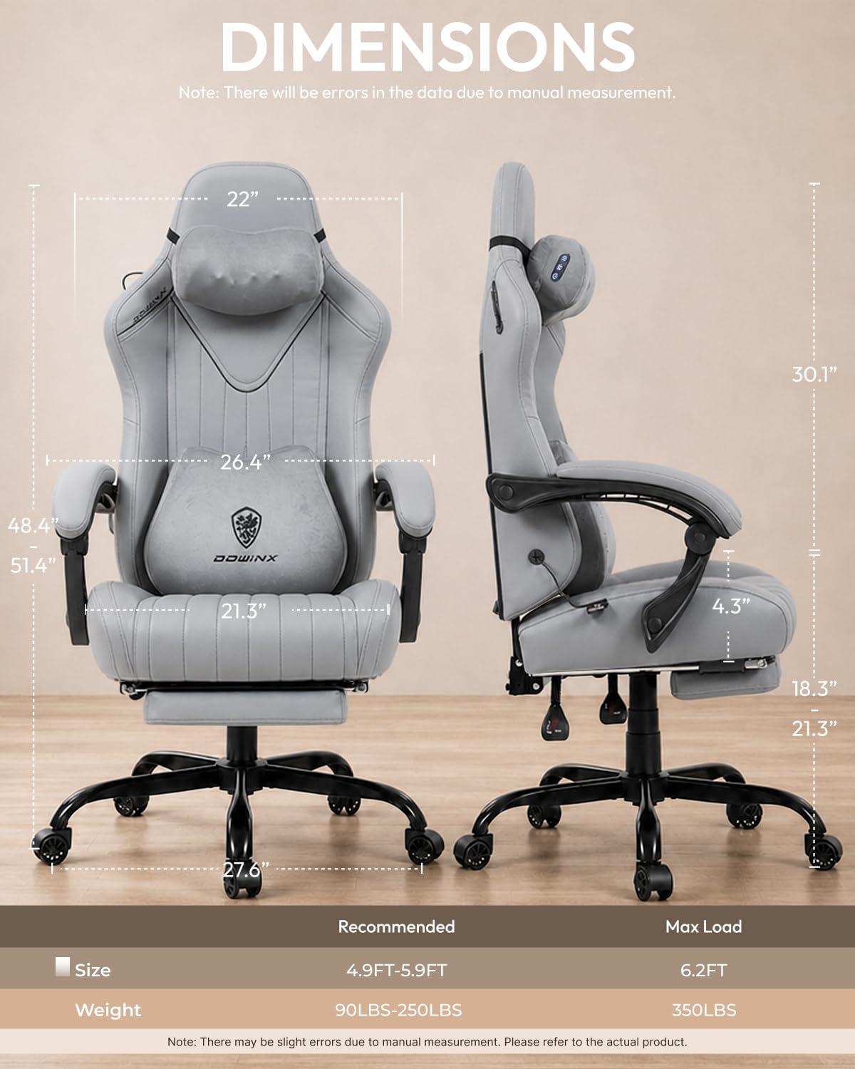 Dowinx Ergonomic Gaming Chair for Adults with Massage Neck Support, Grey