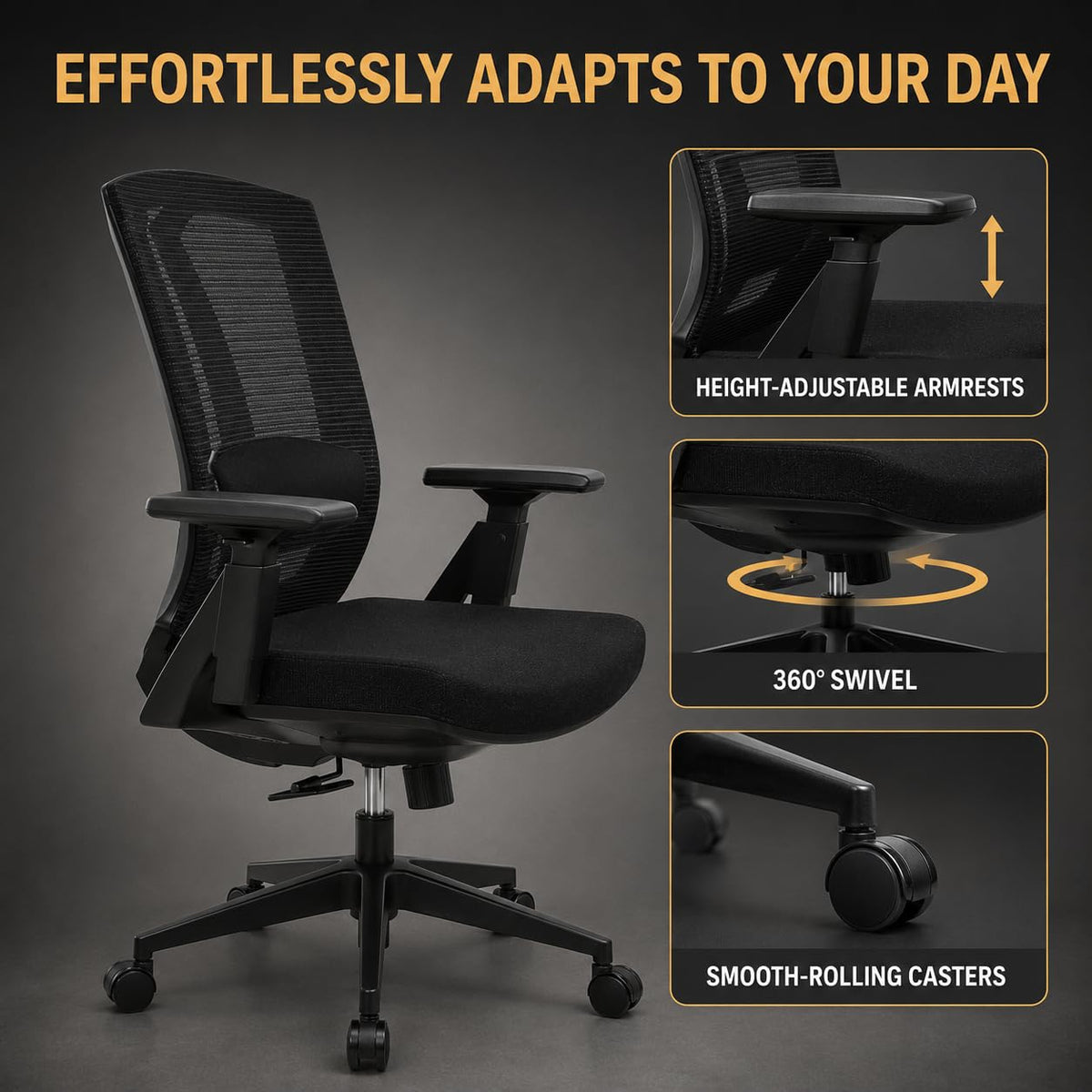 SUNLINE Ergo Classic Ergonomic Office Chair - Desk Chair with Adjustable Lumbar Support, Foam Seat Cushion, Mesh Back, and Smooth Casters - Ideal as Computer Chair, Home - Black, 330 lbs