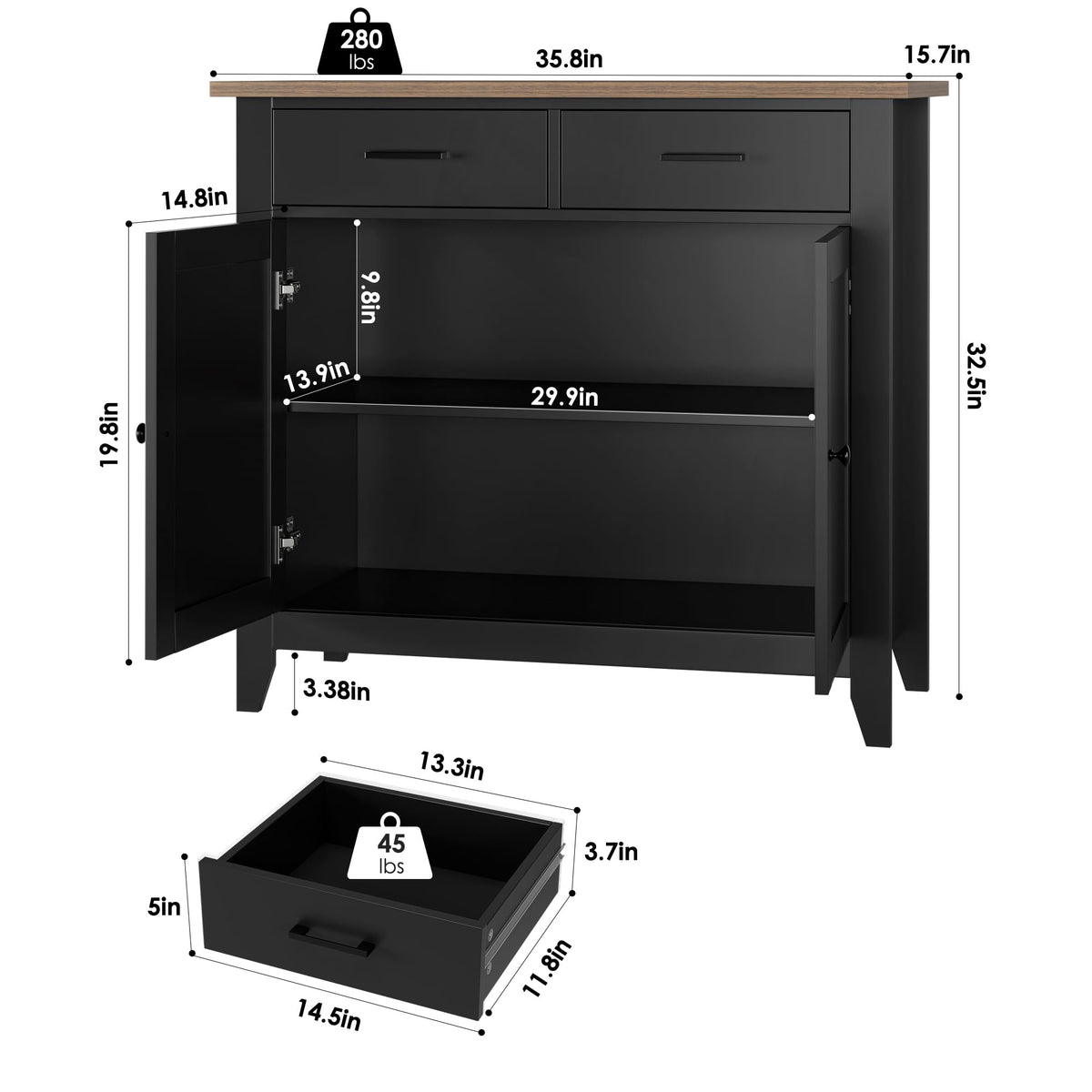 HORSTORS Farmhouse Kitchen Storage Cabinet, Small Buffet, Coffee Bar, Black