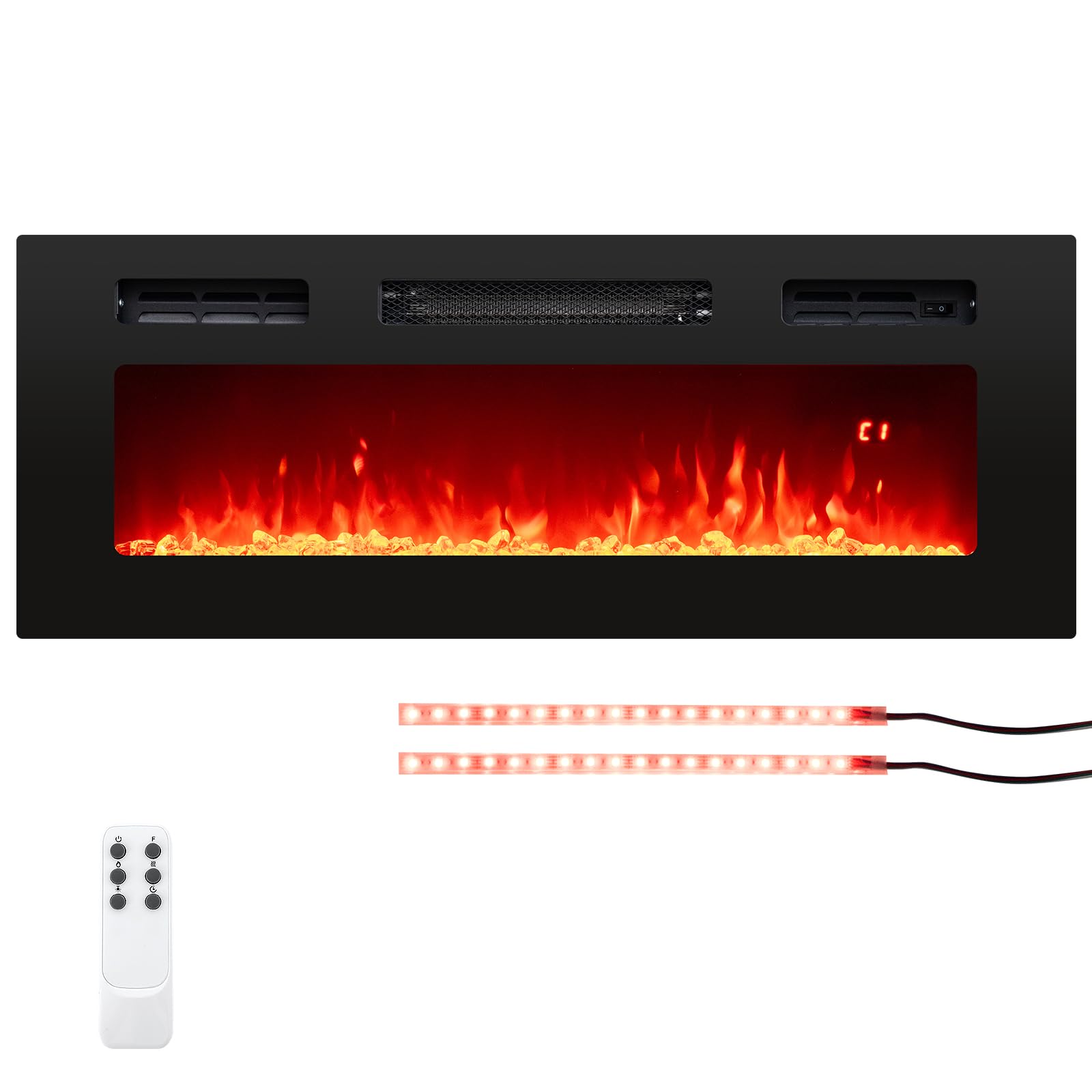 Tangkula 36 Inches Electric Fireplace, 5,000 BTU Fireplace Insert with LED Light Strips, Remote, Crystal Stones & Adjustable Flame Effect, 1-8H Timer, Thermostat & Overheat Protection