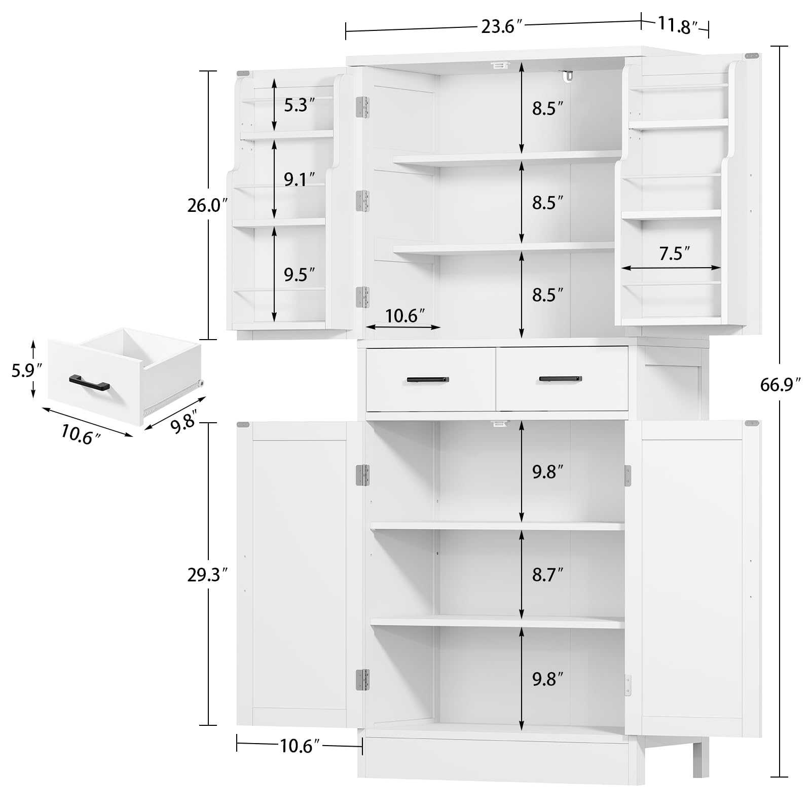 TEENFON Farmhouse Pantry Cabinet, 66.9″H Tall Kitchen Storage Cabinet with Barn Doors, Adjustable Shelves & Drawer, Freestanding Cupboard for Kitchen, Dining Room, Living Room, Bathroom, White