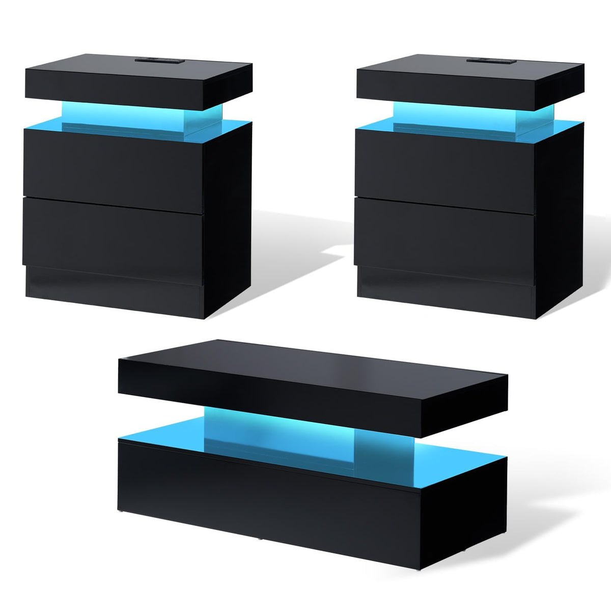 AMERLIFE 3-Piece High Gloss Living Room Table Set with LED Lights, Modern Coffee Table and 2 Side Tables, 2-Tier Center Table with Storage, Black Nightstands with Charging Station