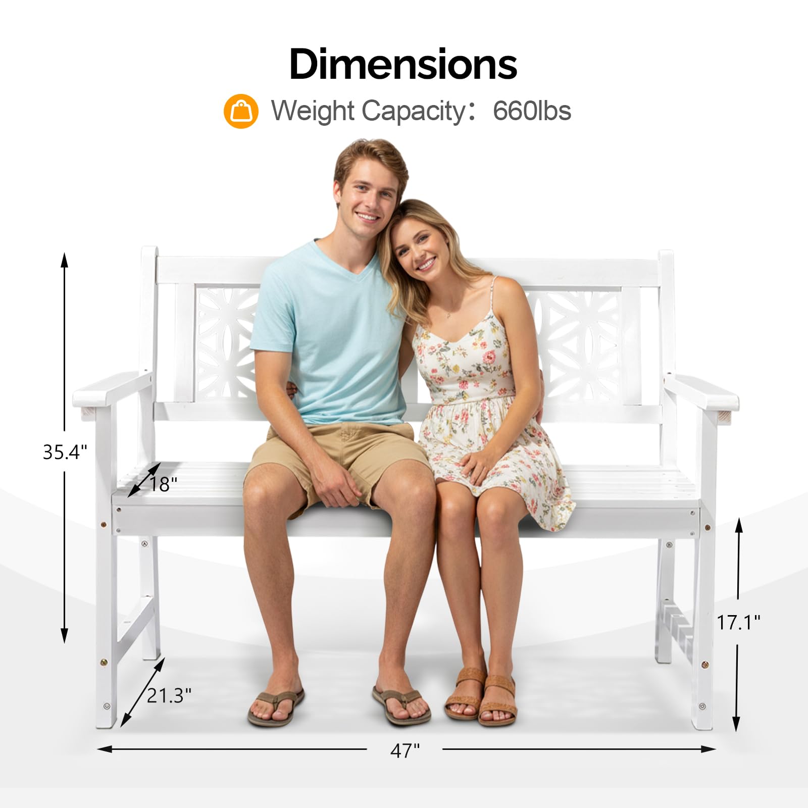 Floral Wood Outdoor Bench – 3-Seater, 660 lbs, White