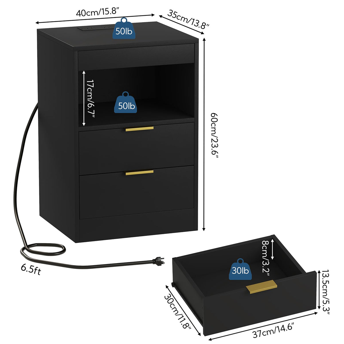 Yusong Nightstand, LED Nightstand with Charging Station, Black