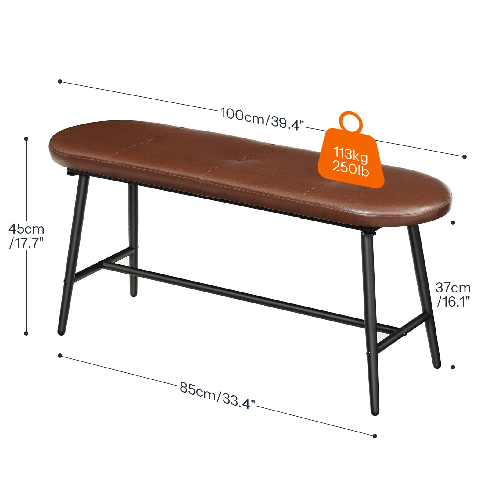 HOOBRO Dining Bench, Upholstered Kitchen Table Bench, Dining Room Bench with PU Leather Padded Seat, Steel Frame, Easy to Assemble, for Kitchen, Dining Room, Bedroom, Brown and Black CB100CD01G1