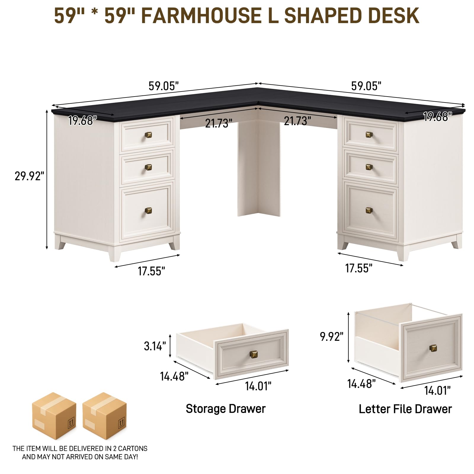 Vabches Farmhouse L Shaped Executive Desk with 6 Drawers, 59’’ Wood Home Office Desk with File Cabinet, Writing Corner Computer Desk for Home Office, Work, Study, White and Black