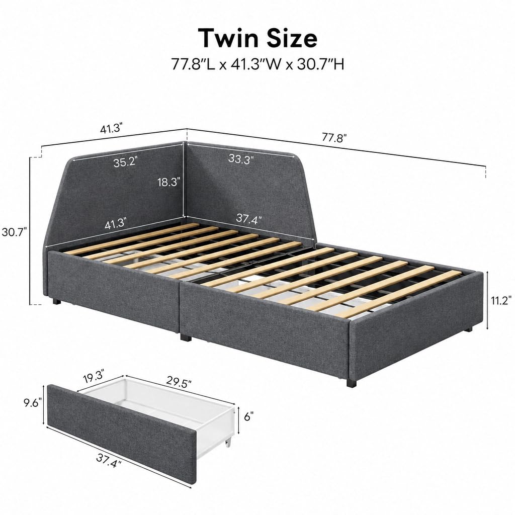 LIKIMIO Premium Twin Corner Daybed with 2 Drawers and Headboard, Grey