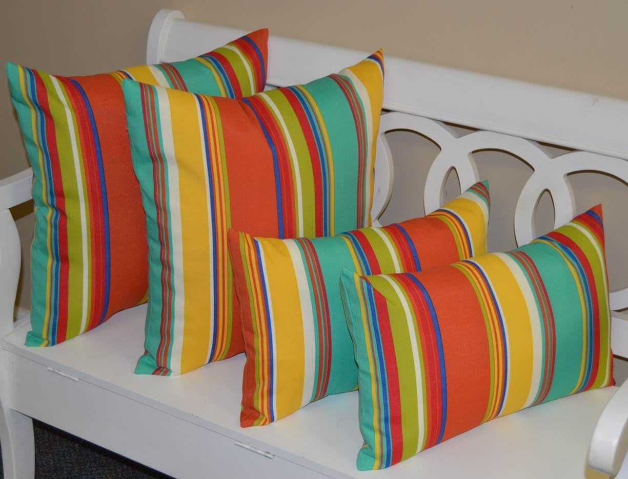 Resort Spa Home Decor Set of 4 Pillows ~ 2 20" Square & 2 Rectangle/Lumbar Coral, Yellow, Turquoise, Red, Blue, Green, White Bright/Colorful Stripe Indoor/Outdoor Pillows