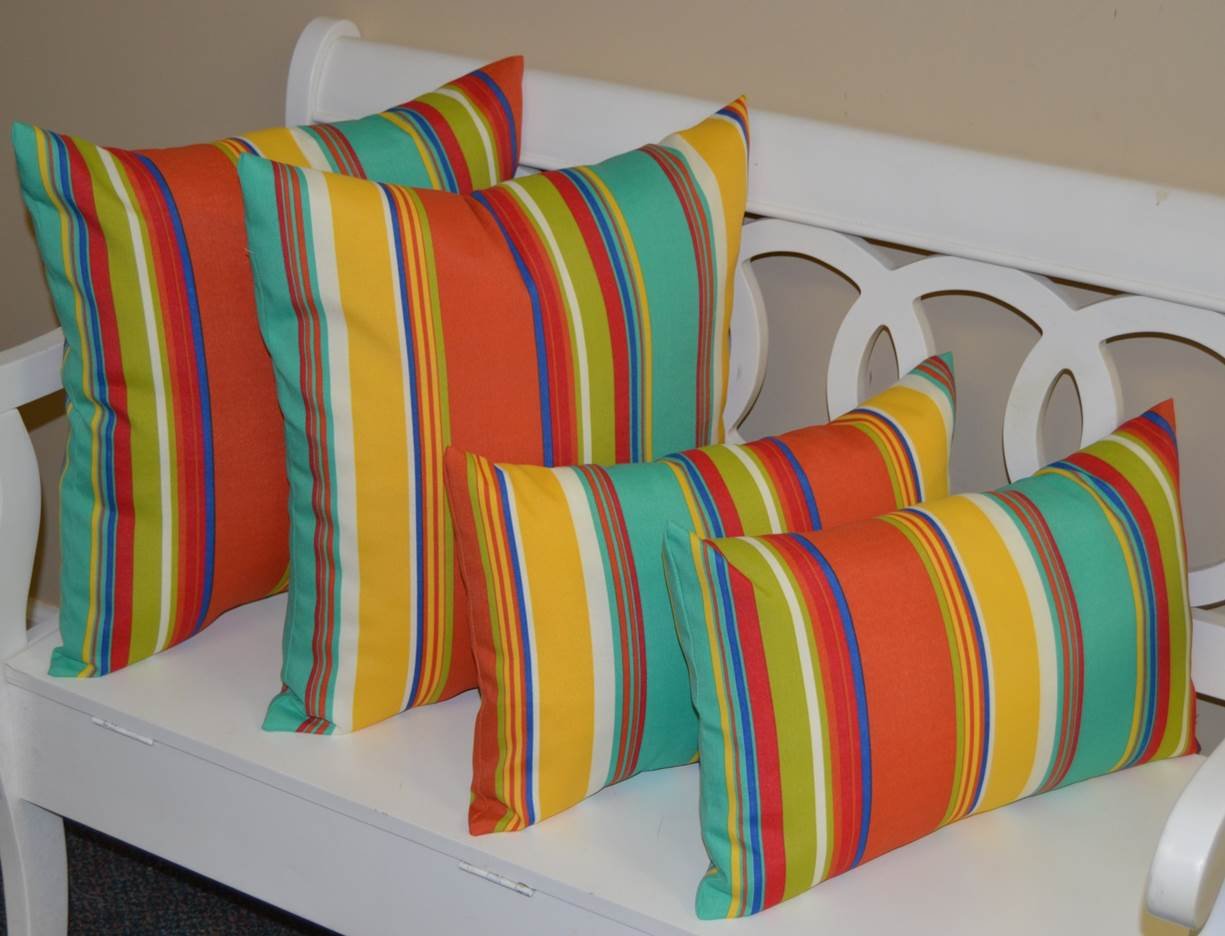 Resort Spa Home Decor Set of 4 Pillows ~ 2 20" Square & 2 Rectangle/Lumbar Coral, Yellow, Turquoise, Red, Blue, Green, White Bright/Colorful Stripe Indoor/Outdoor Pillows
