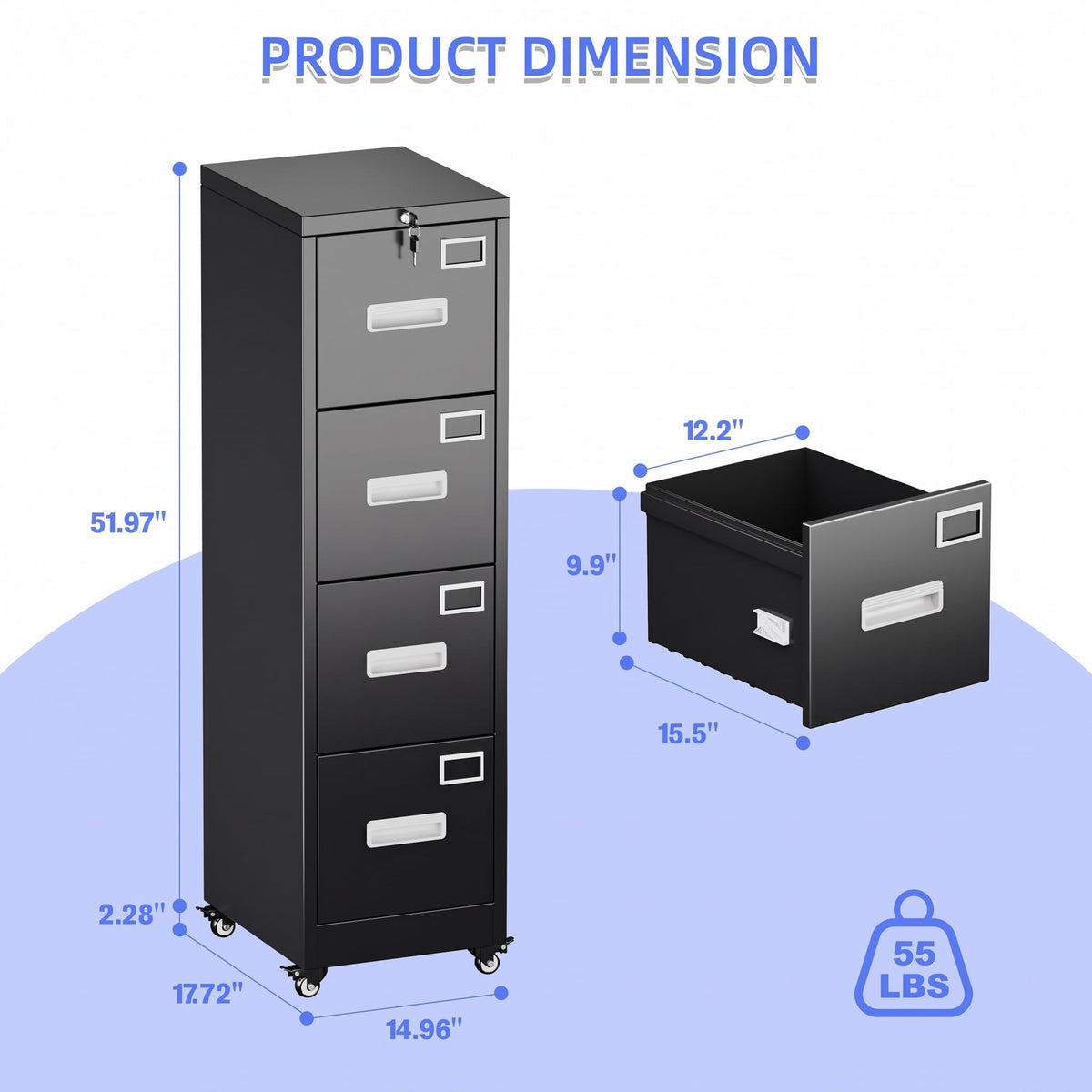 shengkefty 4 Drawer Metal File Cabinet with Lock and Wheels, Black