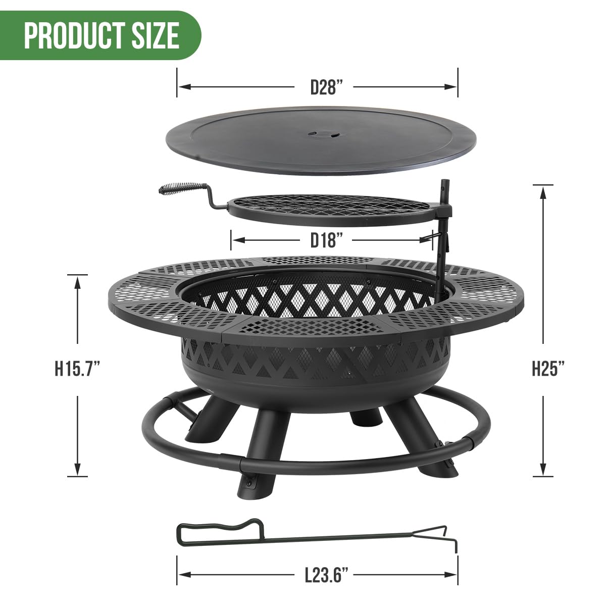 Panovue 42 Inch Outdoor Fire Pit with Grill Wood Burning 3-in-1 Firepit