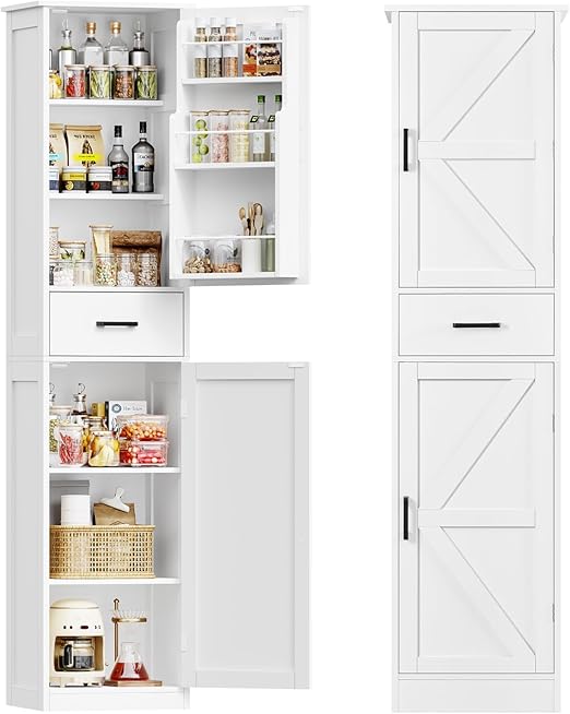 Tall Narrow Storage Cabinet with Barn Doors, Drawer & Adjustable Shelves