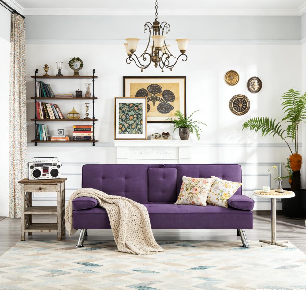 Purple Futon Sofa Bed with Cup Holders